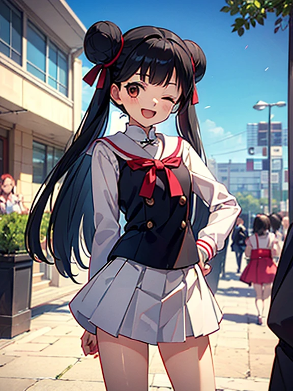 (((masterpiece))) ( Background : outdoor theme : bright : crowded cuty ) ( character : meiling : long smooth hair : fit body : lolicon : small breast : innocent smile : wearing ), one eye closed, , hair bun, black hair, , twintails, double bun, long hair, open mouth, hand on hip, brown eyes, pleated skirt,, white sailor collar, white skirt, bangs,, looking at viewer,