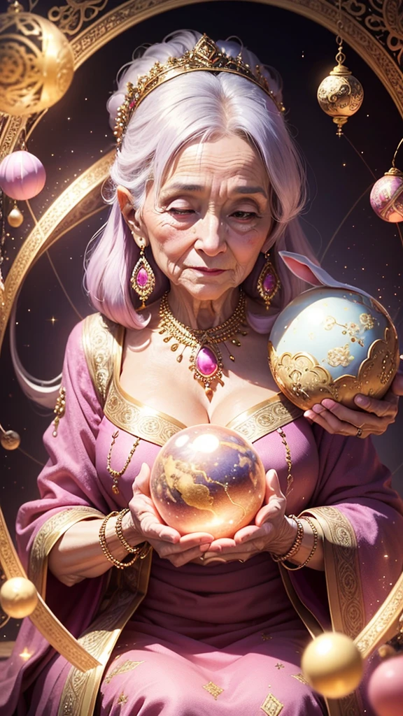 Glittering elderly woman decorated with various jewelry,A rabbit holds a large sphere,staring directly at camera, at centre,Very bright colors, light Particle, with light glowing, Mushiv, Wallpaper Art, UHD Wallpapers,Background Pink、Divination to meditate、mystical