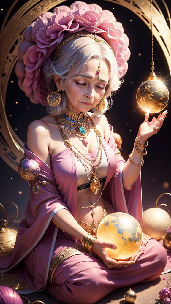 Glittering elderly woman decorated with various jewelry，A rabbit holds a large sphere，staring directly at camera， at centre，Very bright colors, light Particle, with light glowing, Mushiv, Wallpaper Art, UHD Wallpapers,Background Pink、Divination to meditate、mystical