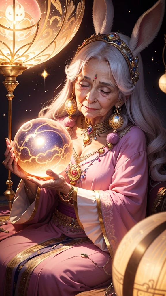 Glittering elderly woman decorated with various jewelry,A rabbit holds a large sphere,staring directly at camera, at centre,Very bright colors, light Particle, with light glowing, Mushiv, Wallpaper Art, UHD Wallpapers,Background Pink、Divination to meditate、mystical