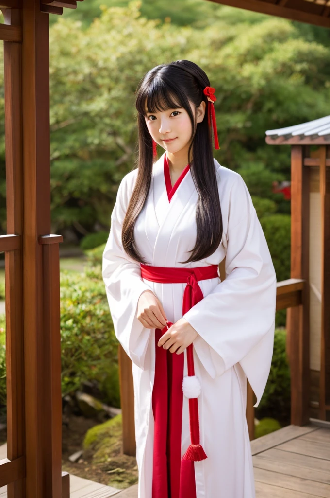 Red hakama, red Japanese style pants, the lower half of the costume is red, Main hall of the shrine, Shrine maiden, ((full body)), ((photo)), ((best qualtiy, 8K, tmasterpiece: 1.3)), Focus: 1.2, perfect figure beautiful girl: 1.4, 1girl, cowboy shot, look at viewer, incredibly absurd, beautiful and cute girl with a photorealistic face, showcasing top-quality craftsmanship, Japanese girl sweeping the garden at the shrine, , Her hair is half-up with smooth curls, glossy jet black long hair, Gentle features, Big deep brown eyes, Small face, Fair skin, Translucent, Smooth and silky skin, Natural eyebrow shape, Thin lips, Soft smile,, delicate, Well-balanced proportions, B cup small breasts, Simple and elegant shrine maiden costume, White robe and red hakama,, Beautiful girl, Clean, Healing, Moe, Elegant manners, Kind, Tolerant, Humble, Sincere, Deep faith, January
