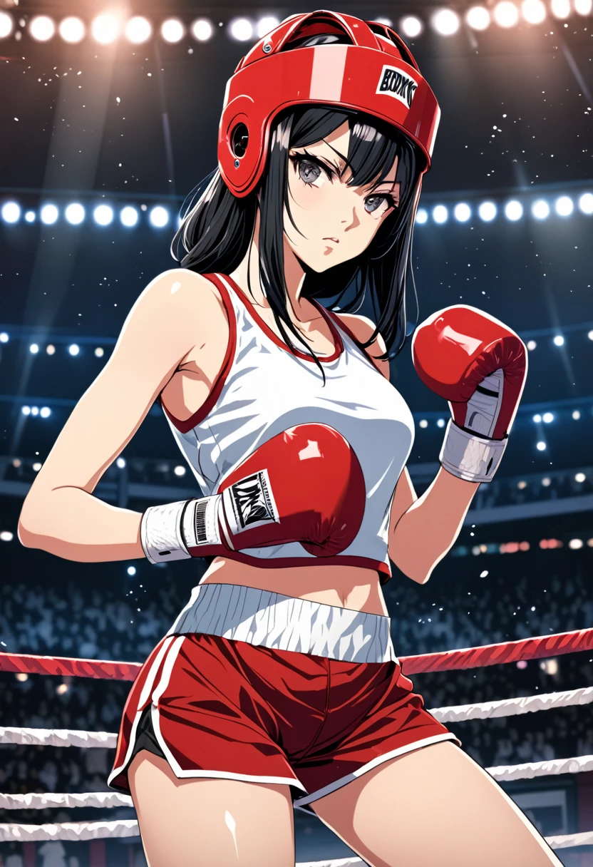Detailed image, High quality, 2D picture, detailed face, manga style, single female arrogant boxer, 20 years old, ic, Japanese, beautiful black hairstyle, in a sexy bng outfit, in boxing protective helmet, in short skirt with shorts, in boxing gloves, stands near the boxing ring