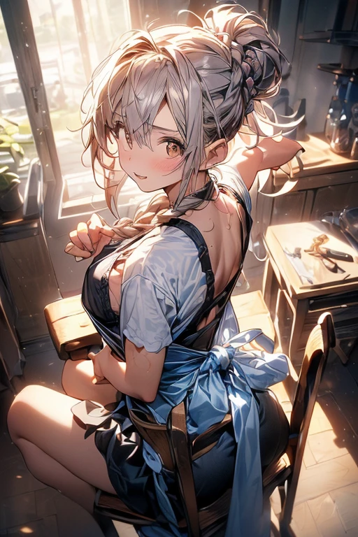 (from above:1.2),(from side:0.6),(Close-Up:0.4), (A masterpiece of image quality in 8K),(Beautiful Allafed Woman),(((emphasizing breasts:1.1))),(Dynamic angles),(Dynamic and sexy bending pose:1.3),(sit a chair:1.2),(Short hair in shiny silver and orange inner colors,small full breasts,Disturbance of clothing due to movement,breast slip,(Ponytail twisted buns adorned with elaborate braids and beads,Braided Setup Fishbone Hair:1.2),(see-through bangs),small breasts,(((A brown lace apron that shows your bare skin from under your small breasts.......)))、garters,Blush with embarrassment、Enraptured eyes、 little open mouth,A smile that beguiles the viewer、(Look back:1.2)、Look into the photographer,skin glistening with sweat,gazing at viewer,,(Professional Lighting),(masutepiece,top-quality,Ultra-high resolution output image,),(Ultra HD with complex detail image modes),depth of fields,Beautiful hands,Beautiful fingers,Detailed finger features,(Detailed hair features:1.7),detailed facial features,detailed clothes features,