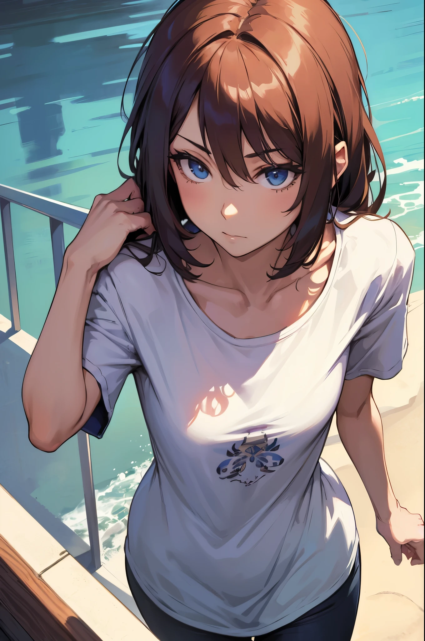 a sexy woman, (best quality), (masterpiece), (1girl), slim, anime, (flat chested), (protrait), (tshirt), (view from above)
