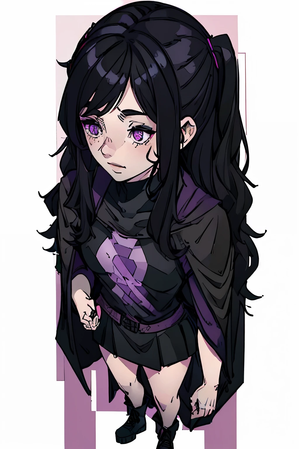 An extremely pale young woman with freckles on her cheek, long black wavy hair, purple eyes, wearing a pink cape that covers her entire body, a black long-sleeved shirt and a black thigh-length skirt (full body)