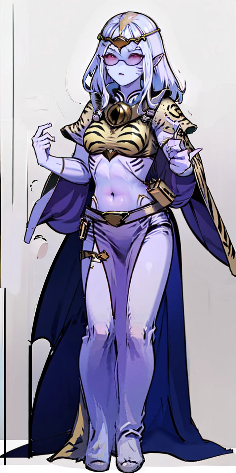Full body, masterpiece, 1solofemale drow elf purple skin standing pose (yellow tiger bikini) red cape, red bikini, long white hair, strong body, abs, Ultra Quality, shiny skin, Atmospheric, 8K, Cinematic ((PLAIN WHITE background)) BREAK, sunglasses