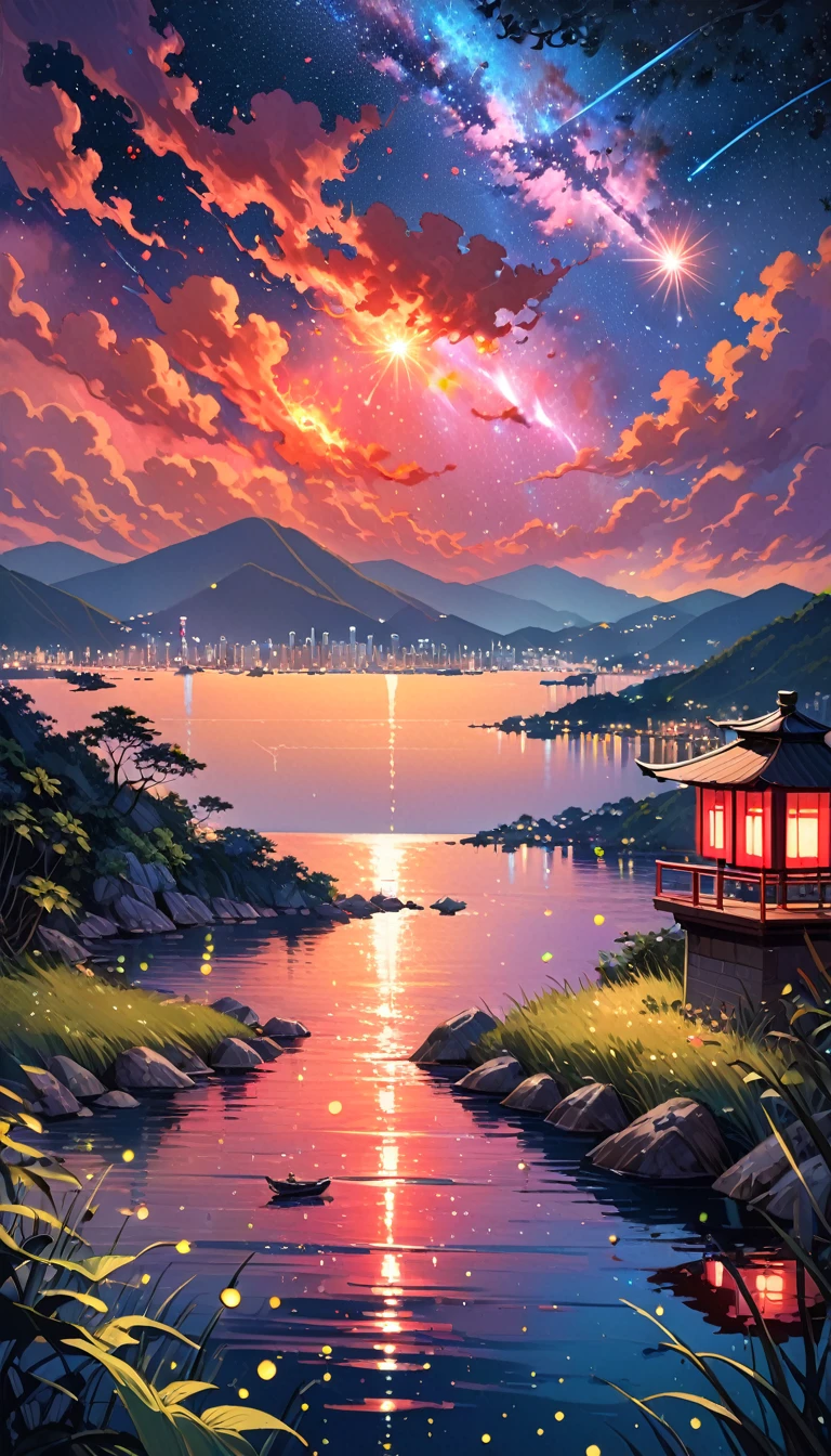 (((Best quality))), (((Ultra detailed))), ((((vivid)))), (((beautiful detailed sky, hongkong))),hongkong night, dark sky, stars, shooting stars, lantern, lantern poles, ((((fireflies, particles)))), (red light), lake, landscape, (art inspired by Bill Sienkiewicz) oil painting, details of brush strokes that enhance depth)