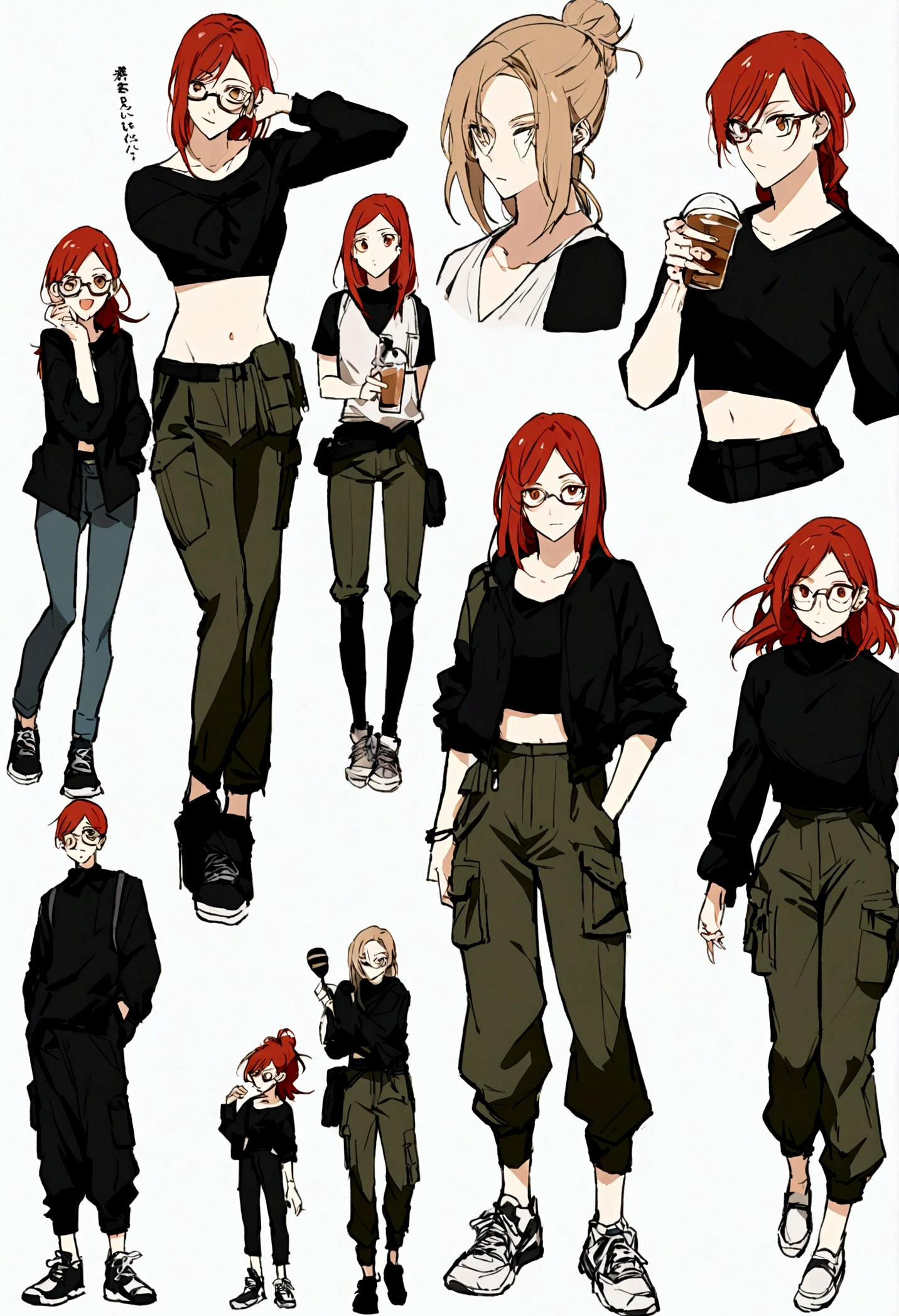 Jujutsu kaisen full body female anime character. She has _red____ hair. She was brown eyes.She is wearing a crop top and a black jacket ___ with __cargo__ pants and ____tennis_ shoes. She is holding _____coffe glass_ on one hand while the other is in his pocket. Shee also has _____glasses_ . 