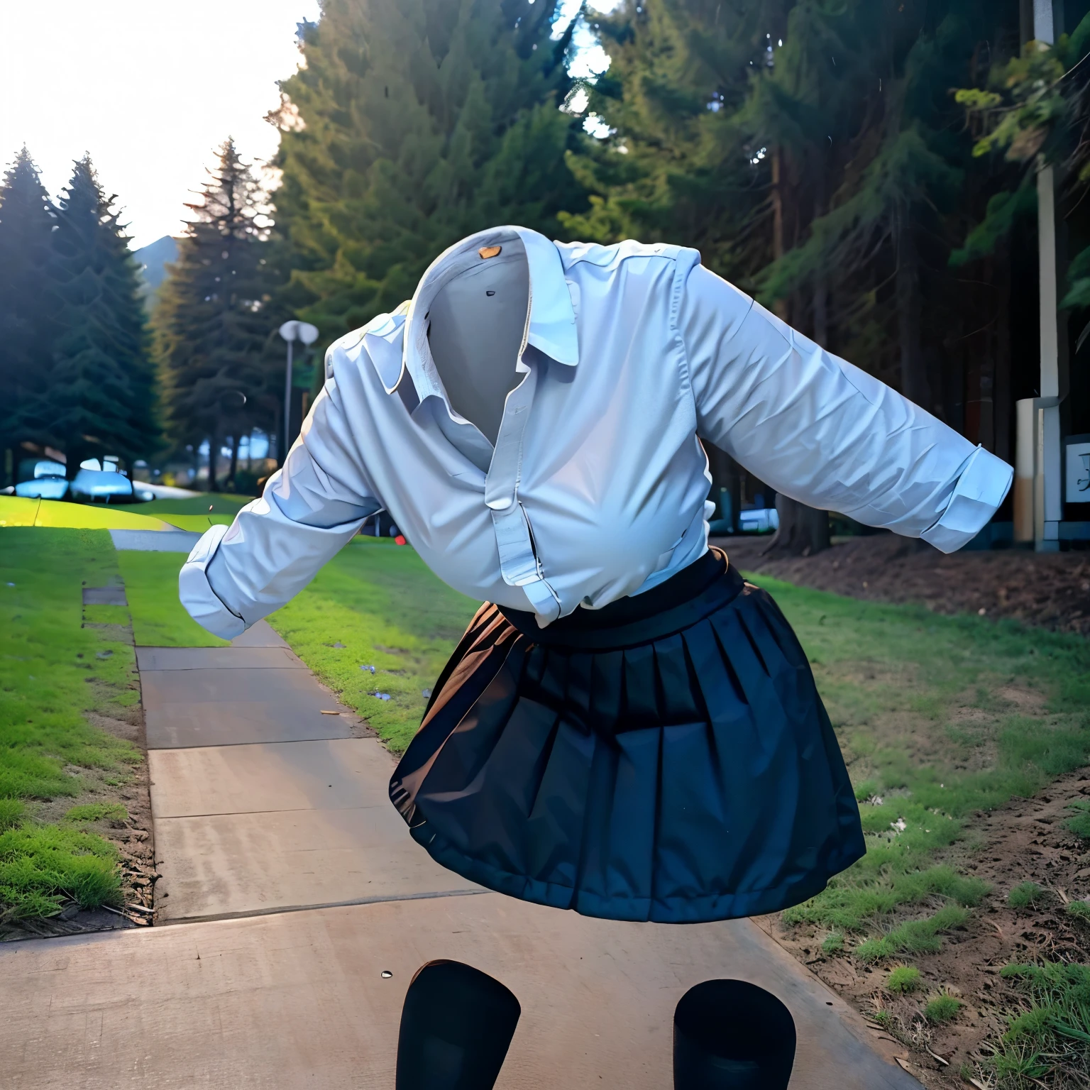 from back, school blouse, underwear, plaid skirt, hands on own knees, leaning forward, fat, cute big breasts, (invisible, no human, headless, handless:1.5), (8k, RAW photo, best quality, masterpiece:1.2), (realistic, photo-realistic:1.37), photon mapping, radiosity, ((Hasselblad photography)), physically-based rendering
