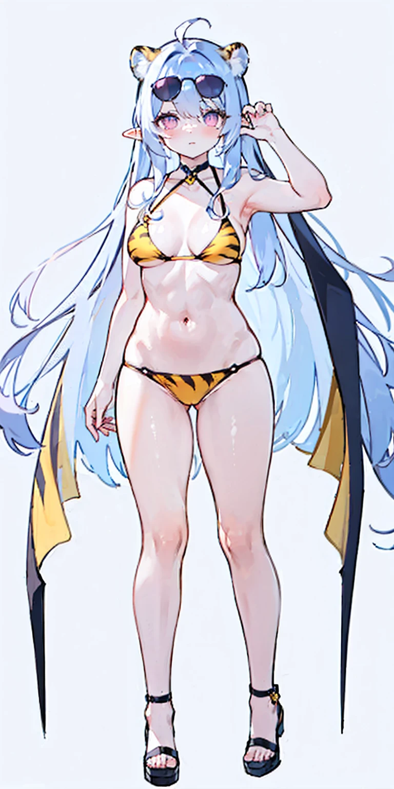 Full body, masterpiece, 1solofemale drow elf purple skin standing pose (yellow tiger bikini) red cape, red bikini, long white hair, strong body, abs, Ultra Quality, shiny skin, Atmospheric, 8K, Cinematic ((PLAIN WHITE background)) BREAK, sunglasses