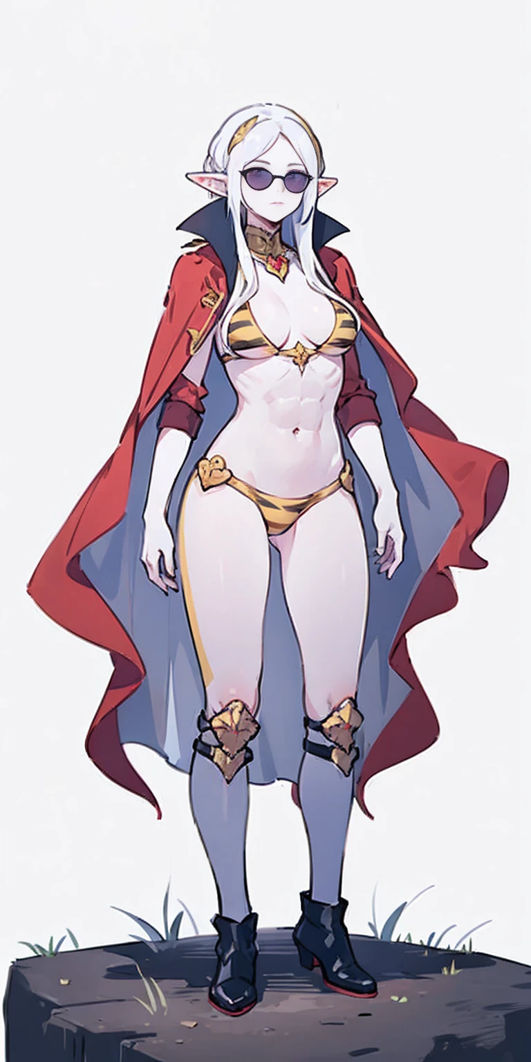 Full body, masterpiece, 1solofemale drow elf purple skin standing pose (yellow tiger bikini) red cape, red bikini, long white hair, strong body, abs, Ultra Quality, shiny skin, Atmospheric, 8K, Cinematic ((PLAIN WHITE background)) BREAK, sunglasses