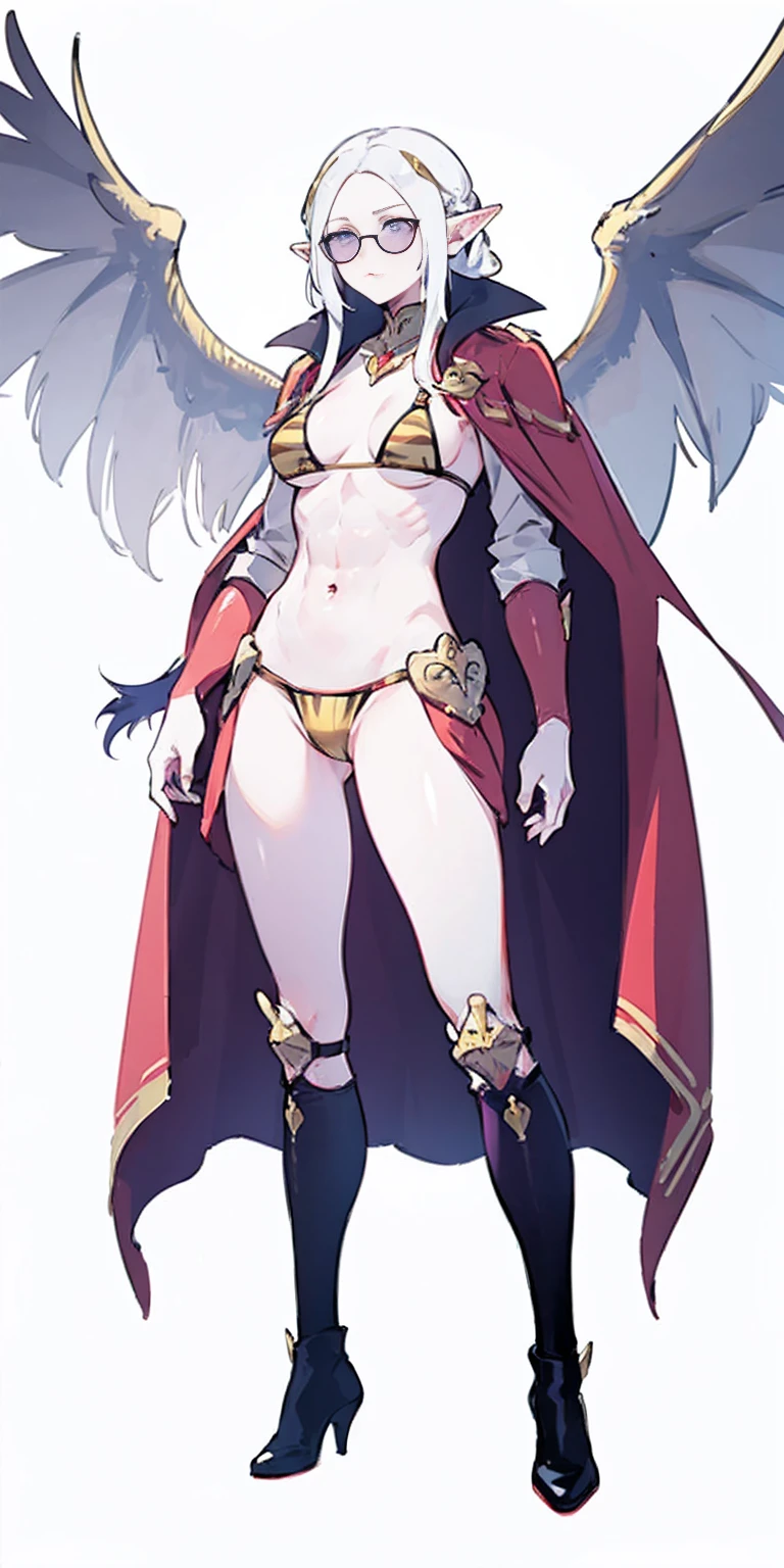 Full body, masterpiece, 1solofemale drow elf purple skin standing pose (yellow tiger bikini) red cape, red bikini, long white hair, strong body, abs, Ultra Quality, shiny skin, Atmospheric, 8K, Cinematic ((PLAIN WHITE background)) BREAK, sunglasses
