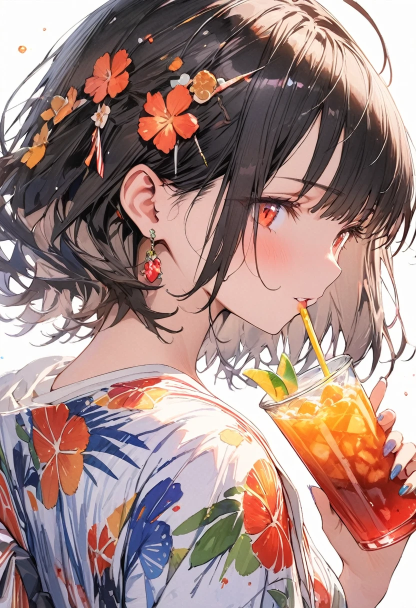 (masterpiece, best quality, highly detailed, absurdres:1.3), (1girl, charming, detailed beautiful face:1.3), shiny dark blue hair, short hair, drinking a fresh juice, delicious looking, (fantastic illustration, beautiful detail, best quality, top quality, fain touch outline:1.3), watercolor, clear, beautiful detail, tangle, drinking a freshjuice summer,  beautiful scenery