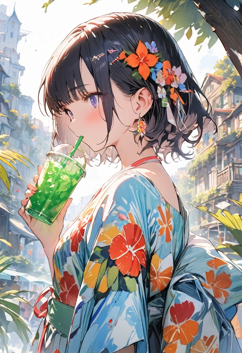 (masterpiece, best quality, highly detailed, absurdres:1.3), (1girl, charming, detailed beautiful face:1.3), shiny dark blue hair, short hair, drinking a fresh juice, delicious looking, (fantastic illustration, beautiful detail, best quality, top quality, fain touch outline:1.3), watercolor, clear, beautiful detail, tangle, drinking a freshjuice summer, beautiful scenery