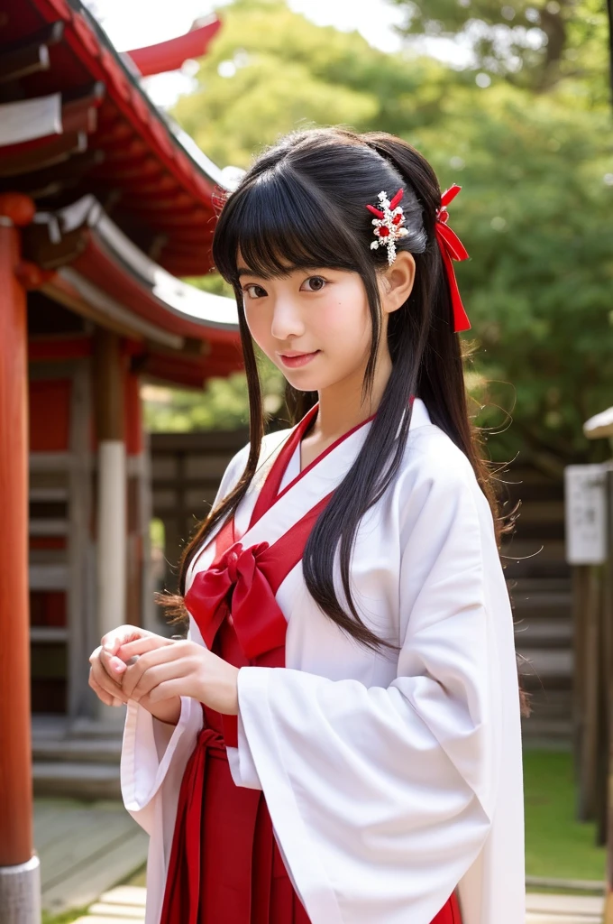 Red hakama, red Japanese style pants, the lower half of the costume is red, Main hall of the shrine, Shrine maiden, ((full body)), ((photo)), ((best qualtiy, 8K, tmasterpiece: 1.3)), Focus: 1.2, perfect figure beautiful girl: 1.4, 1girl, cowboy shot, look at viewer, incredibly absurd, beautiful and cute girl with a photorealistic face, showcasing top-quality craftsmanship, Japanese girl sweeping the garden at the shrine, 17 years old, Her hair is half-up with smooth curls, glossy jet black long hair, Gentle features, Big deep brown eyes, Small face, Fair skin, Translucent, Smooth and silky skin, Natural eyebrow shape, Thin lips, Soft smile,, delicate, Well-balanced proportions, B cup small breasts, Simple and elegant shrine maiden costume, White robe and red hakama,, Beautiful girl, Clean, Healing, Moe, Elegant manners, Kind, Tolerant, Humble, Sincere, Deep faith, January