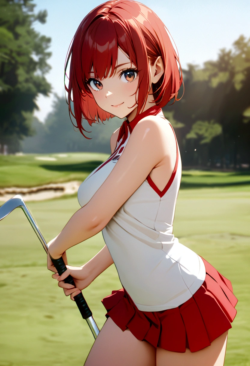 sound high resolution 8k beauty Woman playing golf Golf course Beautiful woman Bobcut Red hair Golf Wear mini skirt smile looking at the camera nice shot No sleeve