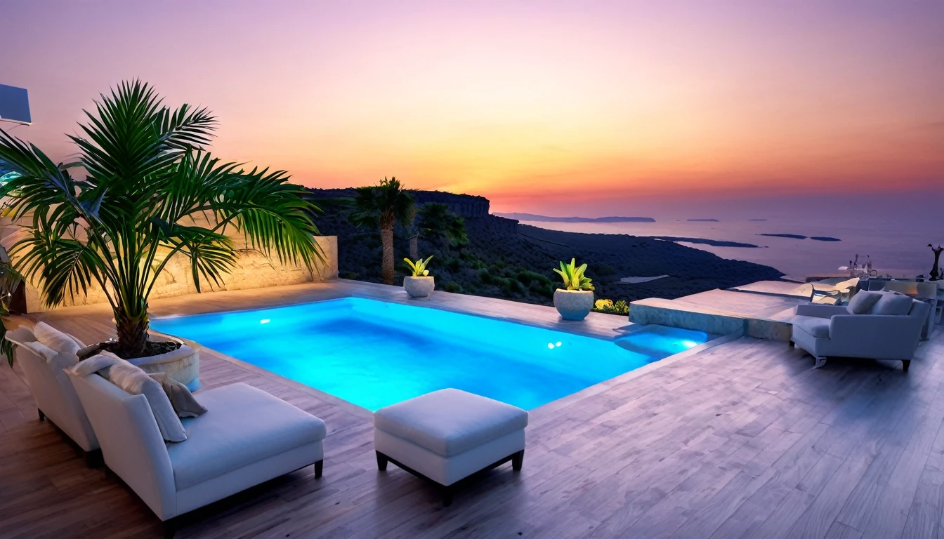 Beautiful clouds over the hill overlooking the Parthenon in Greece、Designer lighting in front、There is a sofa and a coffee cup on the table、There is a waterfall nearby、Sunset and sea in the distance,(High-quality poolside flooring),There is a wall-mounted TV、Screen 70%The sea,4K,Ultra HD,Extravagant space,Ambient indirect lighting,Palm tree,rich,rich,VIP,VIP、There is a Monstera potted plant in the foreground.、Woman watching the sunset