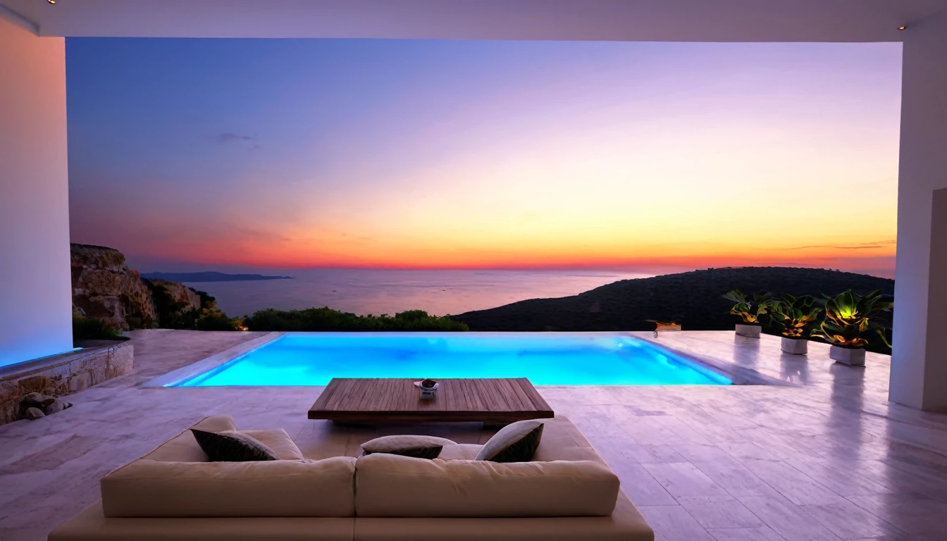 Beautiful clouds over the hill overlooking the Parthenon in Greece、Designer lighting in front、There is a sofa and a coffee cup on the table、There is a waterfall nearby、Sunset and sea in the distance,(High-quality poolside flooring),There is a wall-mounted TV、Screen 70%The sea,4K,Ultra HD,Extravagant space,Ambient indirect lighting,Palm tree,rich,rich,VIP,VIP、There is a Monstera potted plant in the foreground.、Woman watching the sunset