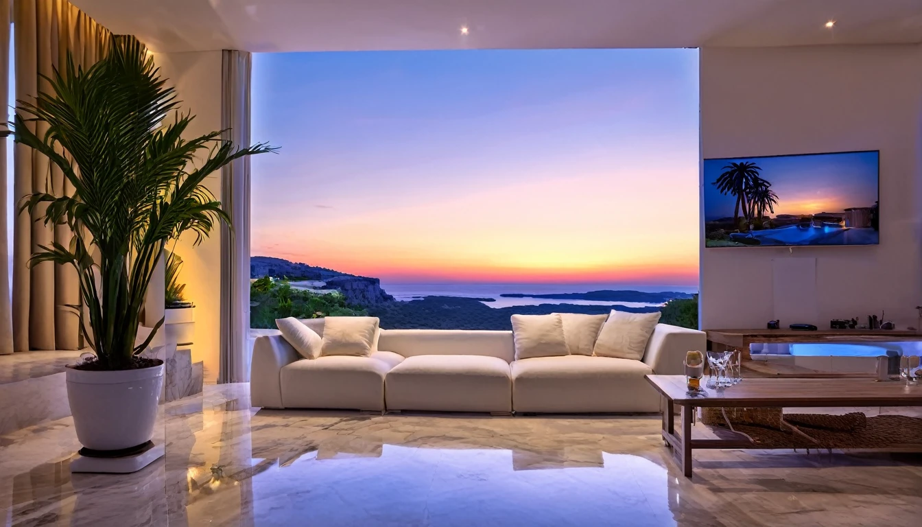 Beautiful clouds over the hill overlooking the Parthenon in Greece、Designer lighting in front、There is a sofa and a coffee cup on the table、There is a waterfall nearby、Sunset and sea in the distance,(High-quality poolside flooring),There is a wall-mounted TV、Screen 70%The sea,4K,Ultra HD,Extravagant space,Ambient indirect lighting,Palm tree,rich,rich,VIP,VIP、There is a Monstera potted plant in the foreground.、Woman watching the sunset