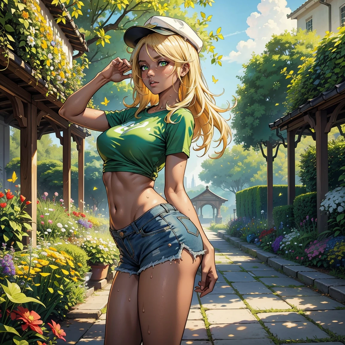 Masterpiece, Ultra extremely detailed, Insanely Definition - quality, 8k, (vibrant colors,vibrant theme), (intricate), full body , NSFW
1girl, big breasts, small waist, big butt, dark skin tone , skin texture, shiny skin tone, green eyes, jean micro shorts, t-shirt white, cap, sweaty, defined body, well defined thighs, athletic body, blonde hair,, shiny hair, dynamic pose in a beautiful garden. Detailed image with rich detail in the flowers, butterflies.