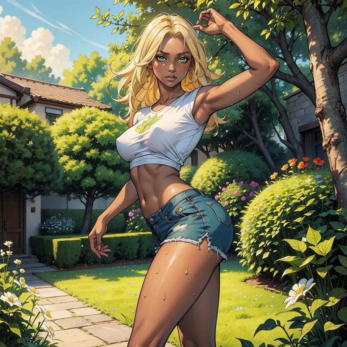  Masterpiece, Ultra extremely detailed, Insanely Definition - quality, 8k, (vibrant colors,vibrant theme), (intricate), full body , NSFW

1girl, big breasts, small waist, big butt,  dark skin tone ,  skin texture, shiny skin tone, green eyes, jean micro shorts, t-shirt white, cap, sweaty, defined body, well defined thighs, athletic body, blonde hair,, shiny hair, dynamic pose in a beautiful garden. Detailed image with rich detail in the flowers, butterflies.

