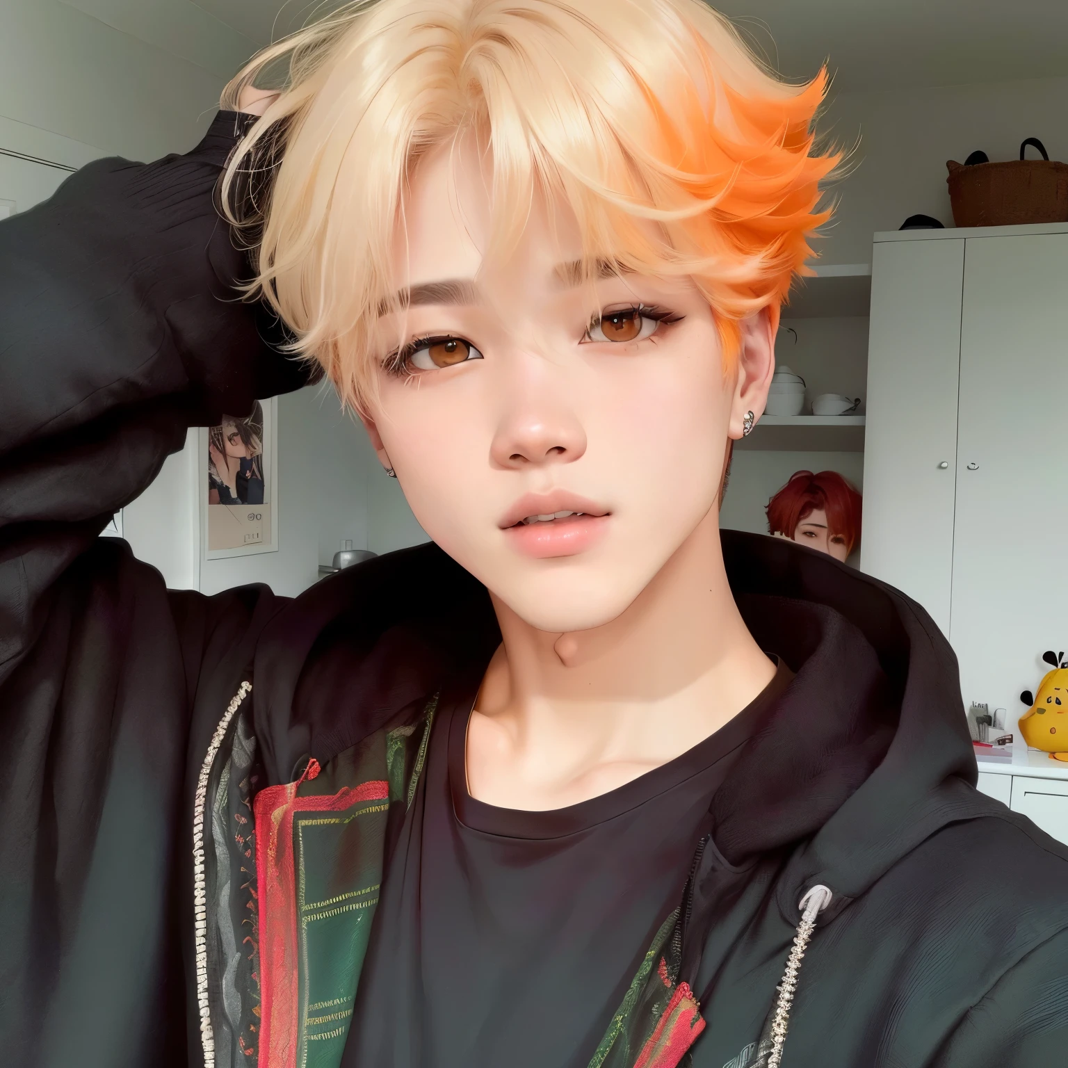 Chico rubio con cabello naranja y ojos verdes posando para una foto., con pelo corto, park Jimin, accurate Jimin face, pintar ulzzang, Jimin\los labios carnosos, Jimin, beautiful androgynous prince, delicate androgynous prince, Jung Jaehyun, ruan cute vtuber, kim doyoung, foto de perfil en la cabeza, androgynous person