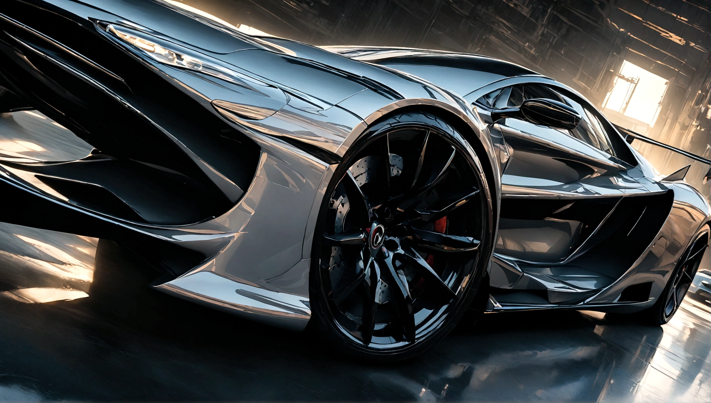 a detailed closeup of a sleek, futuristic supercar, highly reflective metallic body, intricate design elements, ultra-high-end luxury, dynamic camera angle, photorealistic, 8k, (best quality,4k,8k,highres,masterpiece:1.2),ultra-detailed,(realistic,photorealistic,photo-realistic:1.37),cinematic lighting, dramatic shadows, vibrant colors, wet and glossy surface, complex aerodynamic features, powerful engine, muscular frame, elegant curves, advanced technology