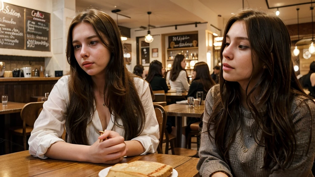 Julia Sans, brunette, long hair, 27 years old, kissing a man at the table of a cafe