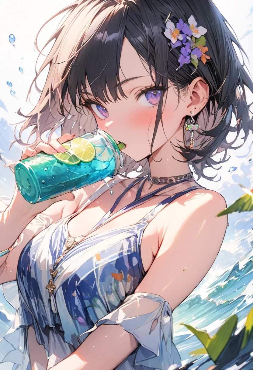 (masterpiece, best quality, highly detailed, absurdres:1.3), (1girl, charming, detailed beautiful face:1.3), shiny dark blue hair, short hair, drinking a fresh juice, delicious looking, (fantastic illustration, beautiful detail, best quality, top quality, fain touch outline:1.3), watercolor, clear, beautiful detail, tangle, drinking a freshjuice summer, beautiful scenery