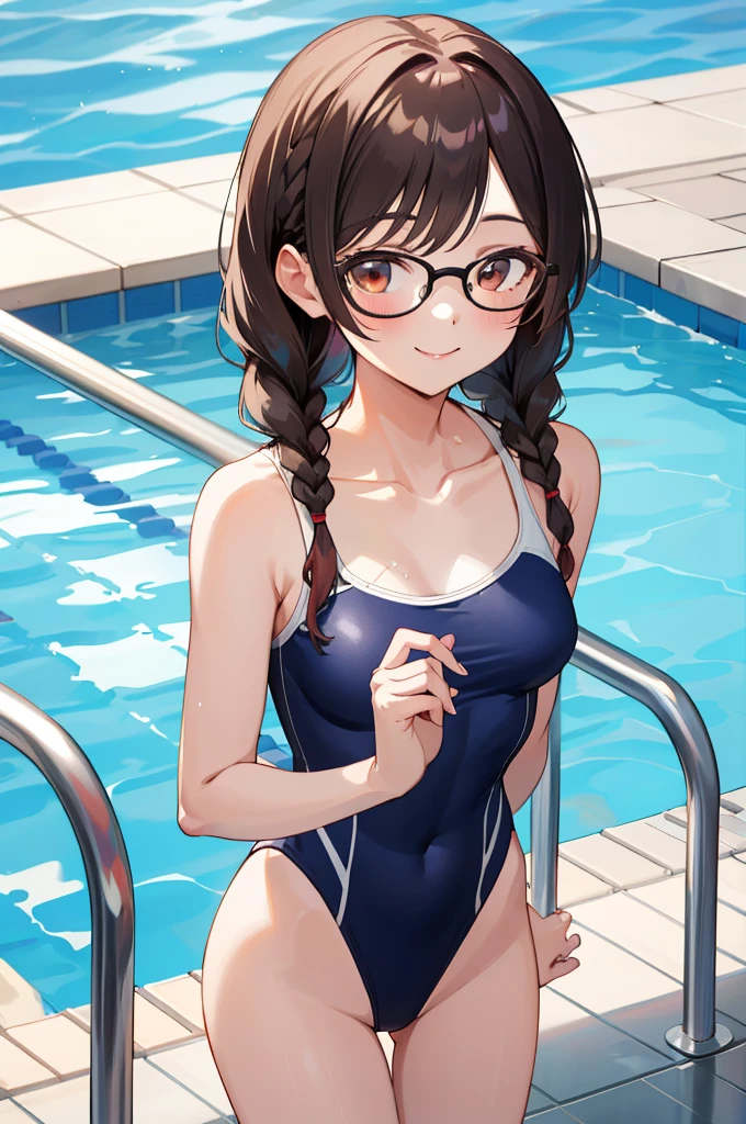 masterpiece, best quality, highres, aachizuru, long hair, twin braids, twintails, glasses, collarbone, pool,swimsuit,leotard,smile