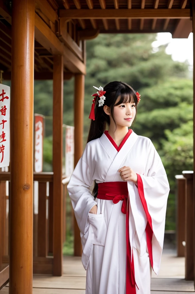 Red hakama, red Japanese style pants, the lower half of the costume is red, Main hall of the shrine, Shrine maiden, ((full body)), ((photo)), ((best qualtiy, 8K, tmasterpiece: 1.3)), Focus: 1.2, perfect figure beautiful girl: 1.4, 1girl, cowboy shot, look at viewer, incredibly absurd, beautiful and cute girl with a photorealistic face, showcasing top-quality craftsmanship, Japanese girl sweeping the garden at the shrine, ************, Her hair is half-up with smooth curls, glossy jet black long hair, Gentle features, Big deep brown eyes, Small face, Fair skin, Translucent, Smooth and silky skin, Natural eyebrow shape, Thin lips, Soft smile,, delicate, Well-balanced proportions, B cup small breasts, Simple and elegant shrine maiden costume, White robe and red hakama,, Beautiful girl, Clean, Healing, Moe, Elegant manners, Kind, Tolerant, Humble, Sincere, Deep faith, January