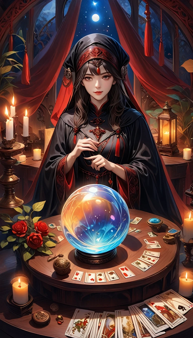 A beautiful and mysterious fortune teller in a compact and intriguing setting. The fortune teller is wearing a cloak, with exquisitely detailed facial features.
The scene is dimly lit, creating an atmosphere of uncertainty and anticipation. The fortune teller is sitting at a table, which is adorned with tarot cards, a crystal ball, and a deck of tarot cards. The table is surrounded by wax candles, adding to the mysterious ambiance.
The lighting in the room is dark, casting intriguing shadows that enhance the mystical atmosphere. The fortune teller is holding a tarot card, gazing into its symbols to provide insights into the future.
The overall artwork should be of the best quality, with a resolution of 4k or 8k. The level of detail should be ultra-detailed and realistic, almost approaching photorealism.
The artistic style should reflect an official aesthetic, with vivid colors and strong contrasts. The color tones should enhance the mysterious and mystical themes of the artwork.
The fortune teller's cloak is adorned with an intricate design, featuring metallic borders with a thickness ratio of 1.5. Additionally, there should be decorative rose borders incorporated into the composition.
The scene should have a magical aura, resembling a night sky filled with stars. The fortune teller's expression should convey a sense of mystery and intrigue.