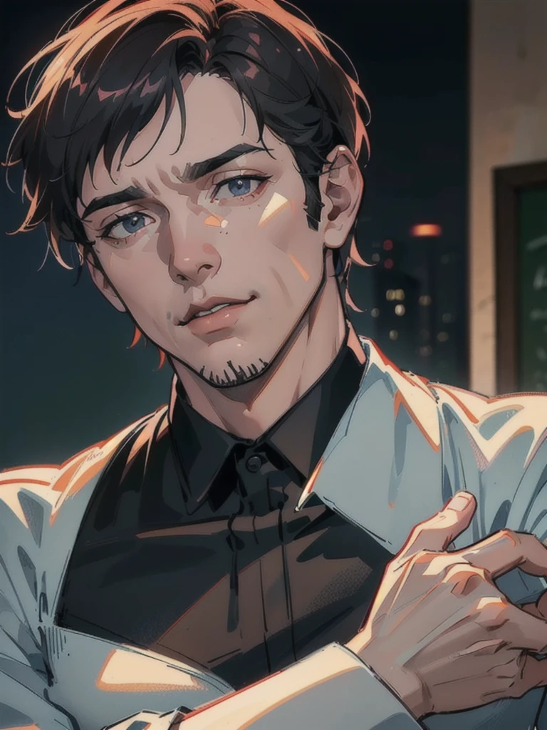 a 40 year old man (red short hair:1.0), grey eyes, moles all over the face, wearing an official uniform, masculinity, teacher, (best quality,4k,8k,highres,masterpiece:1.2),ultra-detailed,(realistic,photorealistic,photo-realistic:1.37),cinematic lighting,highly detailed face and body,sharp focus,vivid colors,anime style