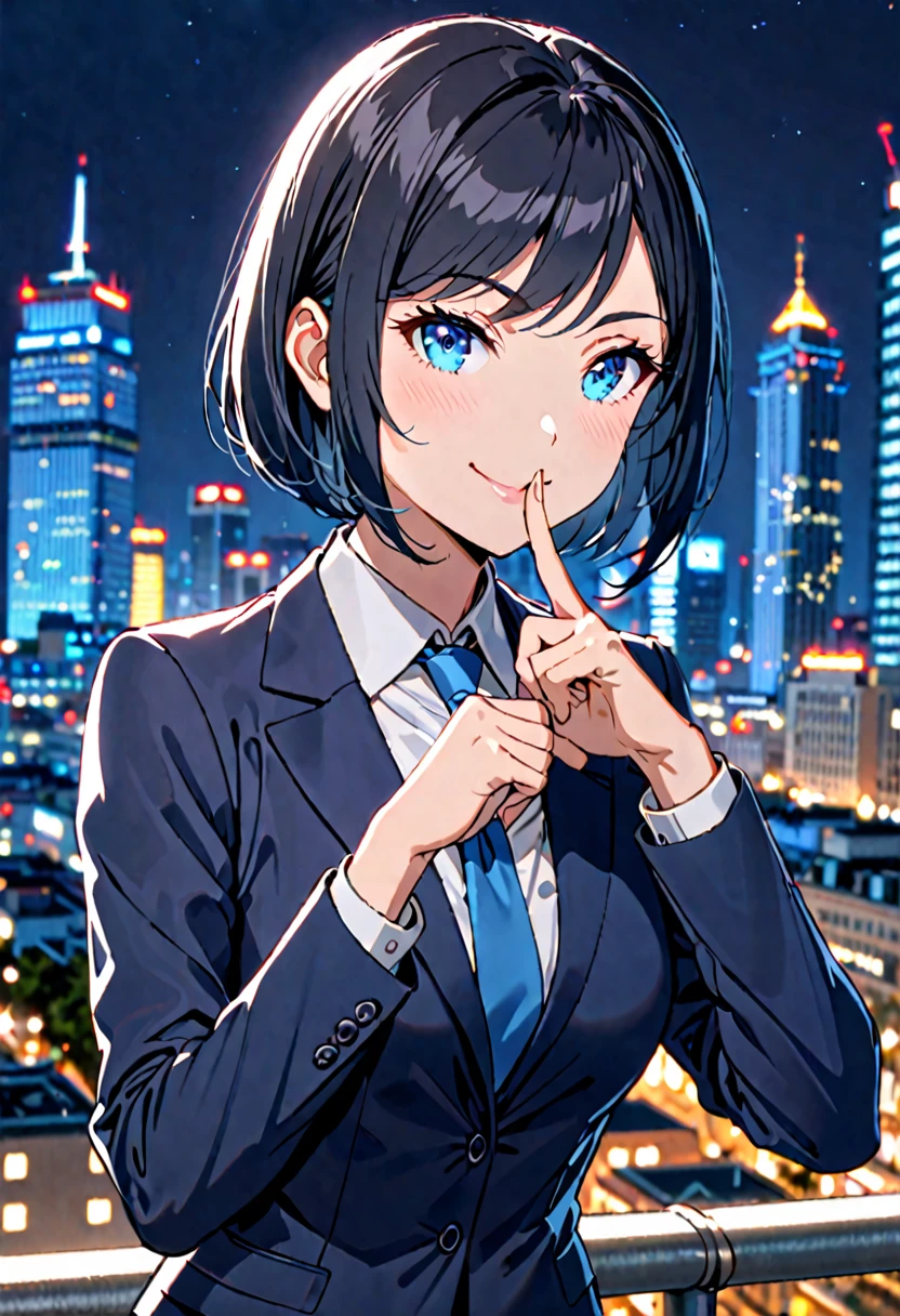 female, solo, sfw, medium shot, blue business suit, short hair, black hair, blue eyes, city, night, finger to mouth, silence gesture, hush, smile, politician, wink, blue tie