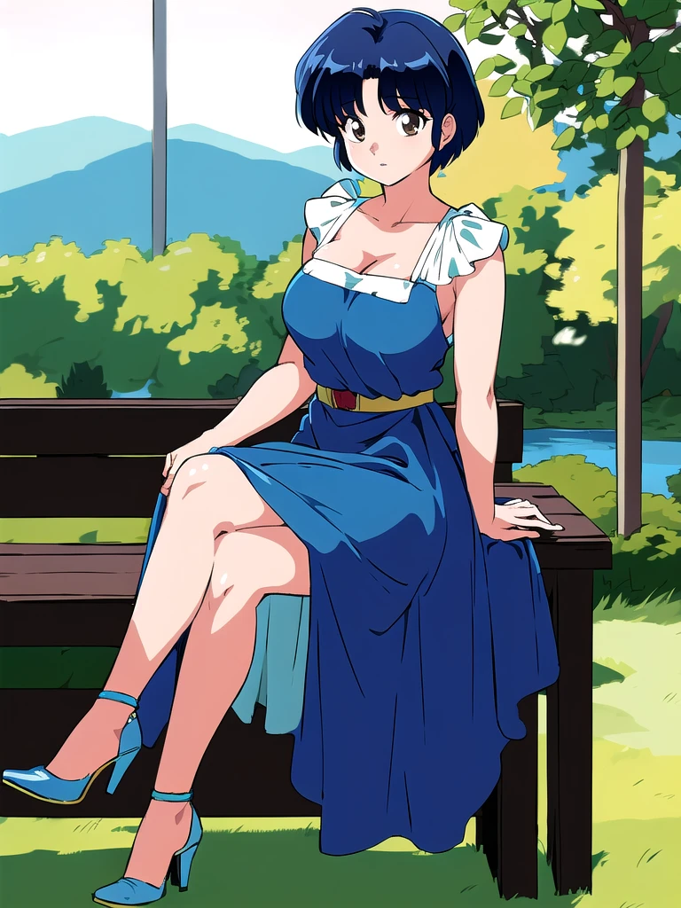HDR, CG, sharp focus, (8k), (4k), masterpiece, best quality, detailed skin, extremely detailed, hiper detailed, sharp focus, looking at viewer, high quality, AKANE, Akane tendou, short hair, blue hair, brown eyes ,curtain pelvic DRESS, tetas grandes bush, solo, 1girl, sit on bench, park background, hands on chest, heels, white dress,