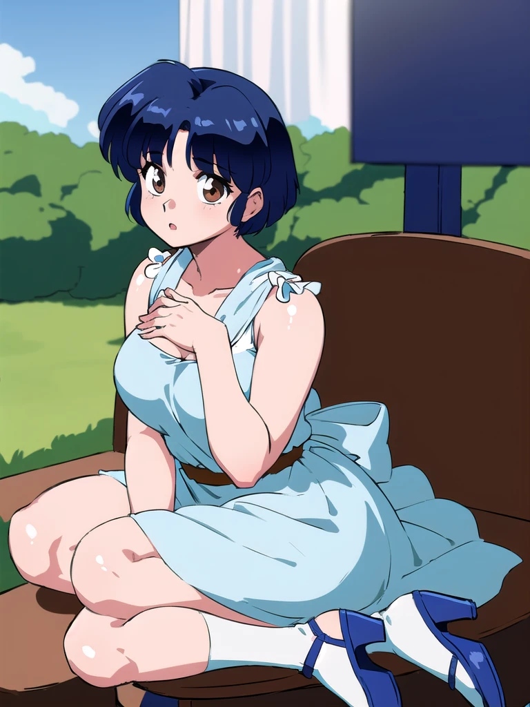 HDR, CG, sharp focus, (8k), (4k), masterpiece, best quality, detailed skin, extremely detailed, hiper detailed, sharp focus, looking at viewer, high quality, AKANE, Akane tendou, short hair, blue hair, brown eyes ,curtain pelvic DRESS, tetas grandes bush, solo, 1girl, sit on bench, park background, hands on chest, heels, white dress,
