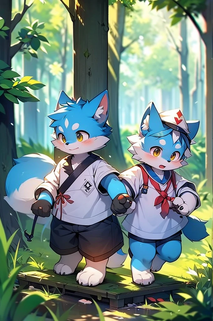 Blue fur, Canine, fox motif, Couple of girls and boys, uniform、Holding hands，