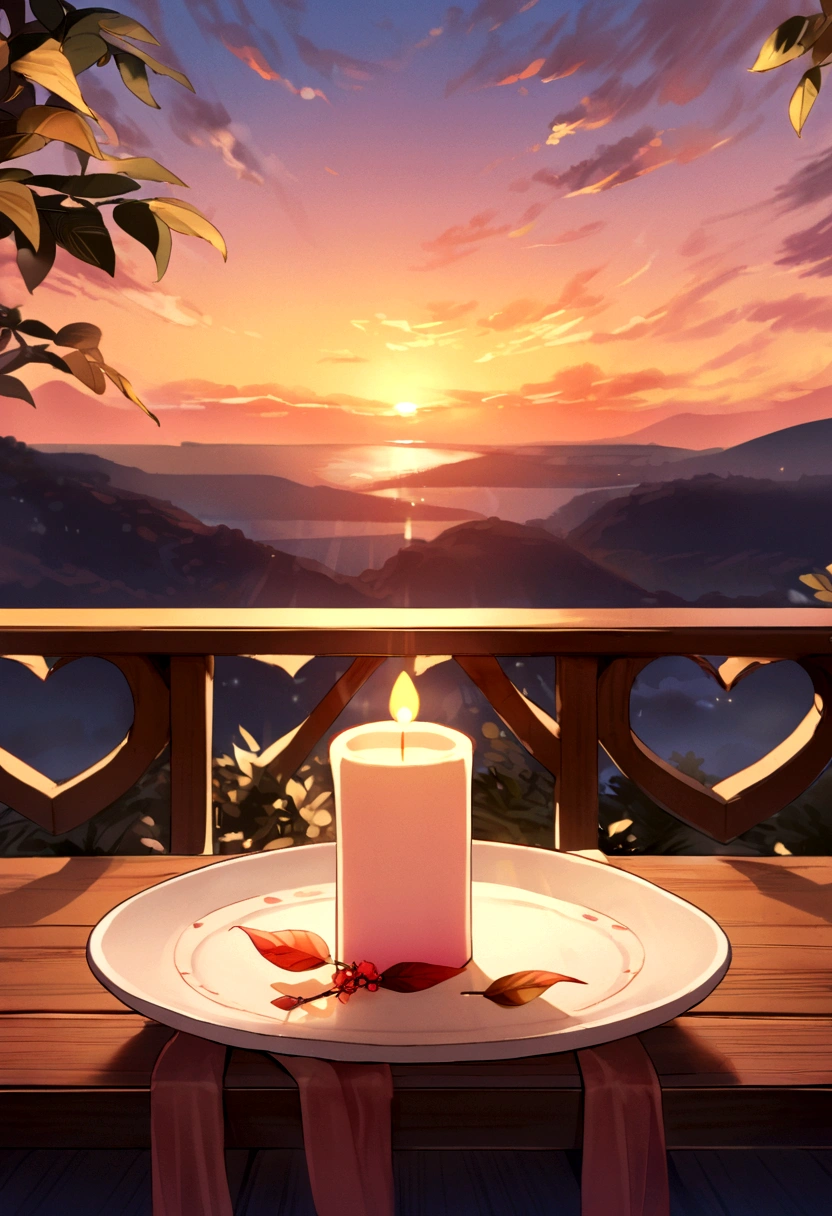 The image depicts a serene outdoor setting at sunset. On a wooden table, there is a small pink candle placed on a saucer with a leaf decoration next to it. Two heart-shaped objects are positioned behind the candle: one red with a long ribbon and another larger heart made of a beige fabric. The sun is setting in the background, casting a warm, golden glow over the scene, creating a romantic and peaceful atmosphere.