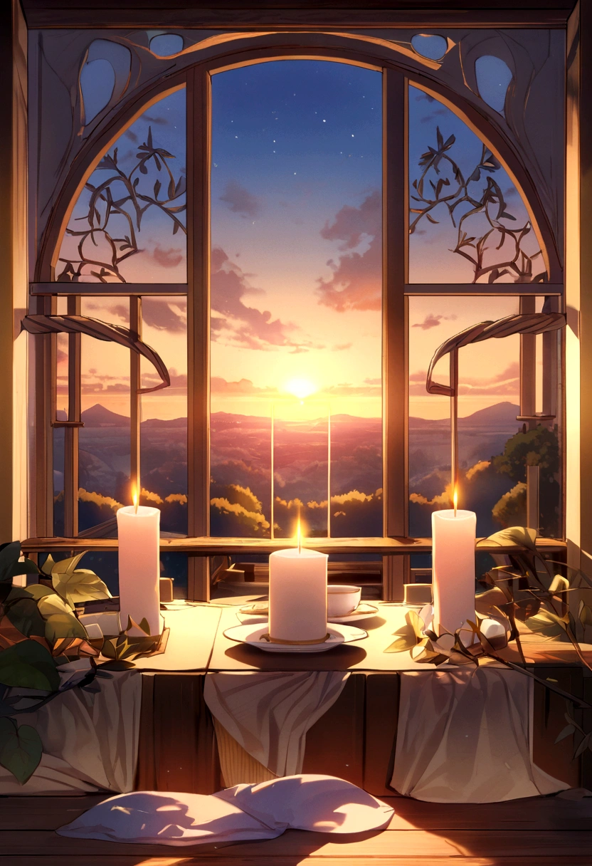 The image depicts a serene outdoor setting at sunset. On a wooden table, there is a small pink candle placed on a saucer with a leaf decoration next to it. Two heart-shaped objects are positioned behind the candle: one red with a long ribbon and another larger heart made of a beige fabric. The sun is setting in the background, casting a warm, golden glow over the scene, creating a romantic and peaceful atmosphere.