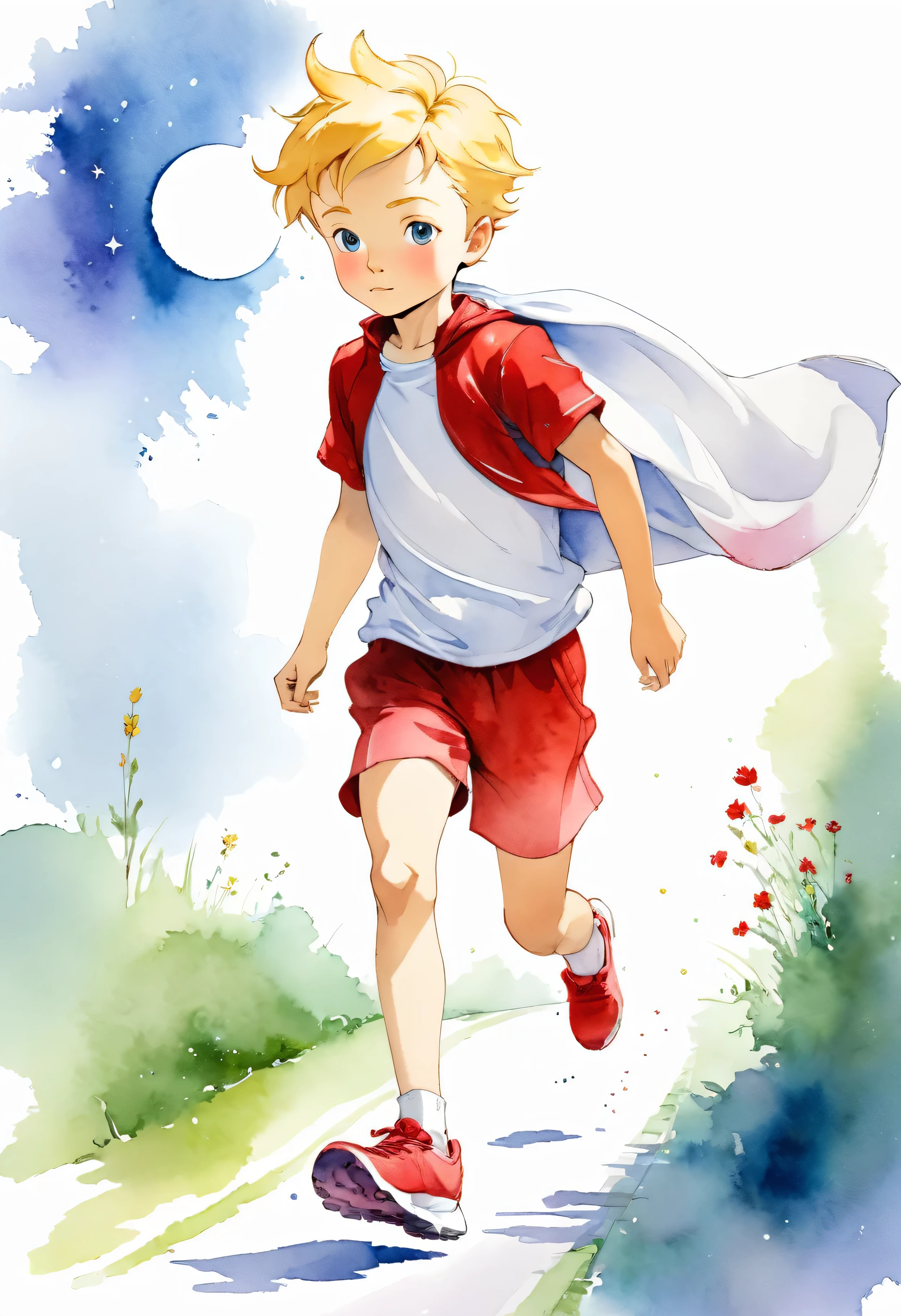 Le Petit Prince de Saint-Exupéry en train de faire un footing, avec un regard déterminé, chaussures de sport rouge, short de sport blanc, t-shirt de sport rouge, style aquarelle, colored
