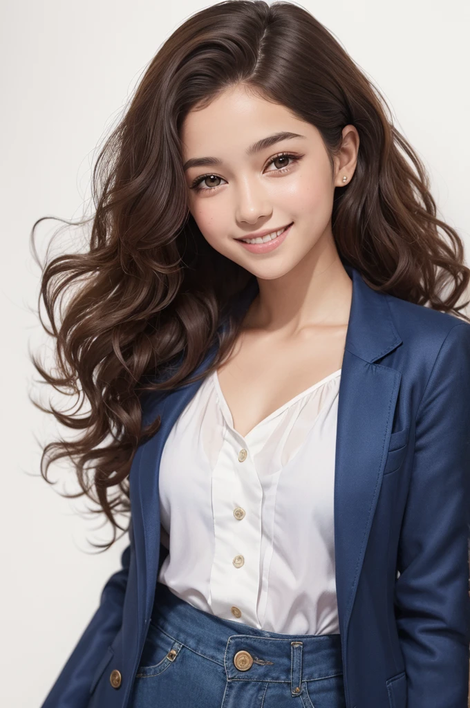 a watercolor painting of a girl in a white background, her skin is medium brown, she has very curly 3b type hair that is long, she have brown eyes and she is in a indigo suit, a she is smiling