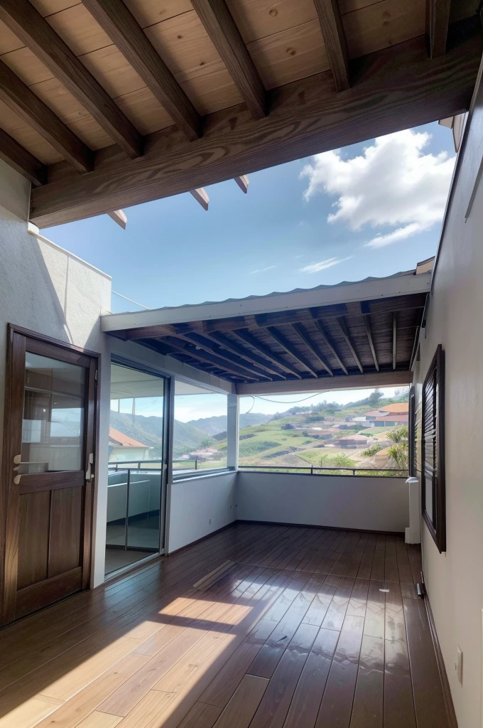 8k Uma fotografia de alta qualidade mostrando um deck com revestimentos de madeira estilo fotografia natural. A madeira deve ser de alta qualidade, com uma cor quente e natural.. The composition must be well balanced, com a linha do horizonte nivelada e um ponto focal claro.A imagem deve ser capturada de uma perspectiva que mostre claramente o deck e o revestimento ripado de madeira na parede pegando a fachada da casa moderna.