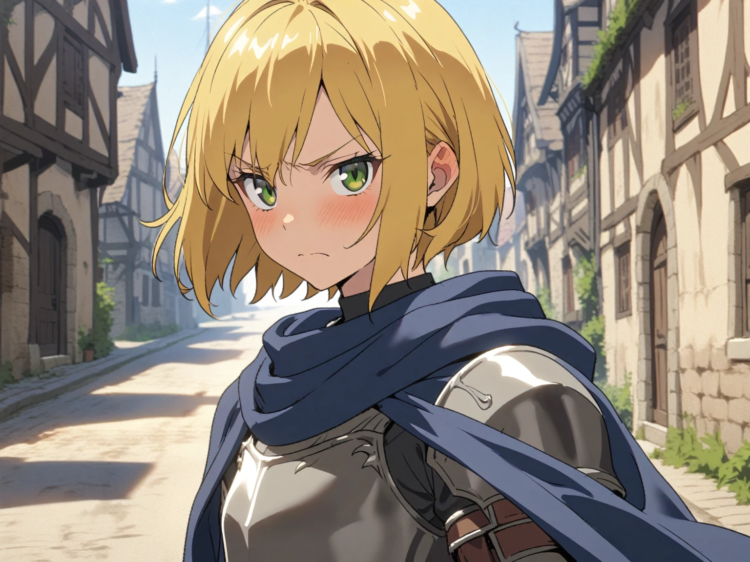 {{upper body, face focus, pov, from side}} {{Artist: Sincos}} 1girl, solo, muscular female, mature female, androgynous, tomboy, embarrassed, blonde hair, very short hair, bob cut, green eyes,plate armor, flat chest, blue cloth, blue cloak, leather belt, looking to side, looking at viewer, closed mouth, in town, day, beautiful, medieval fantasy.
