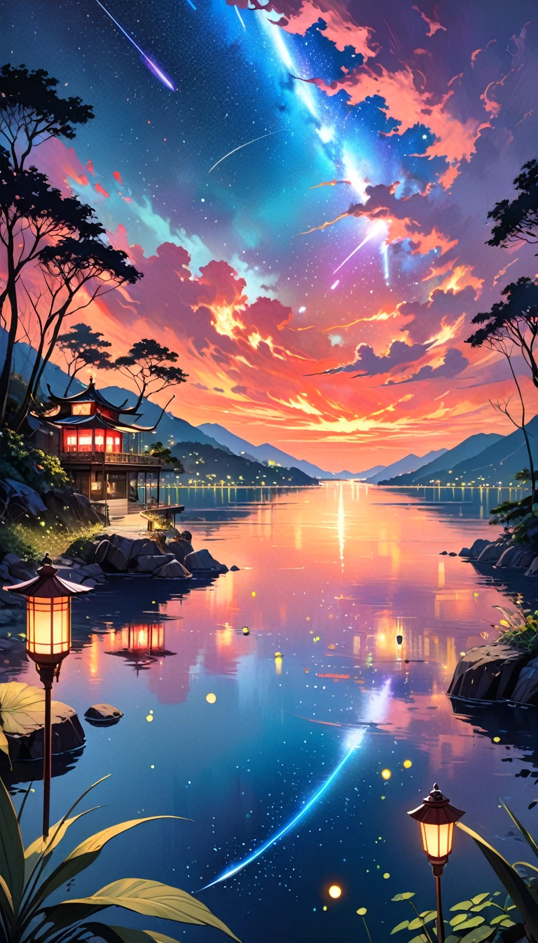 (((Best quality))), (((Ultra detailed))), ((((vivid)))), (((beautiful detailed sky, hongkong))),hongkong night, dark sky, stars, shooting stars, lantern, lantern poles, ((((fireflies, particles)))), (red light), lake, landscape, (art inspired by Bill Sienkiewicz) oil painting, details of brush strokes that enhance depth)