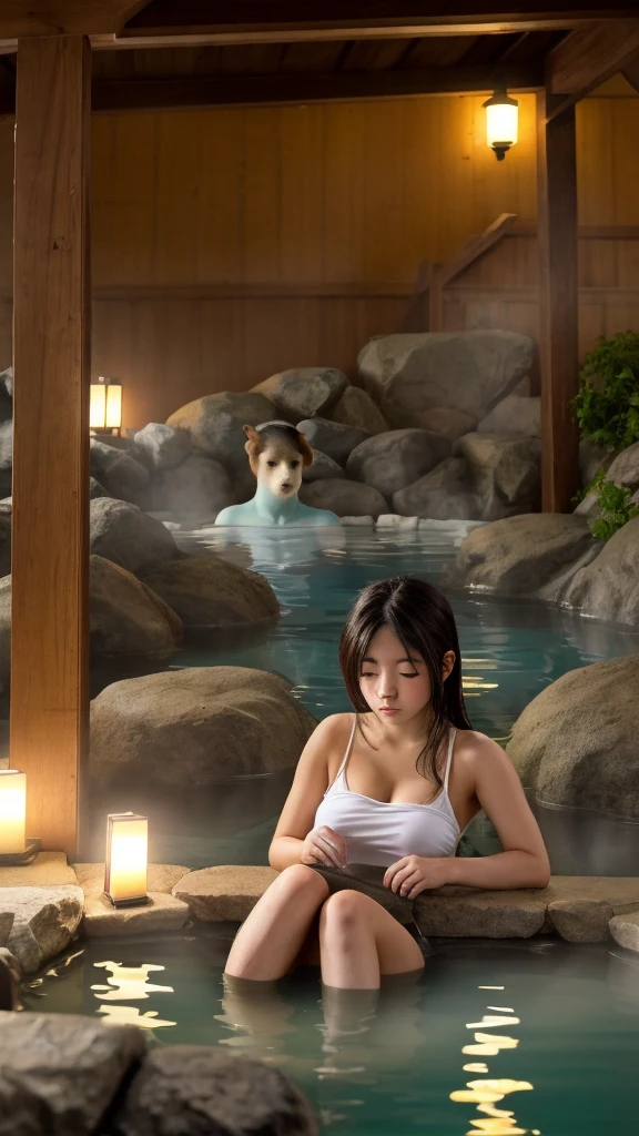 (((A girl in a hot spring with a capybara)))