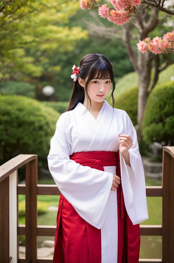 Red hakama, red Japanese style pants, the lower half of the costume is red, Main hall of the shrine, Shrine maiden, ((full body)), ((photo)), ((best qualtiy, 8K, tmasterpiece: 1.3)), Focus: 1.2, perfect figure beautiful girl: 1.4, 1girl, cowboy shot, look at viewer, incredibly absurd, beautiful and cute girl with a photorealistic face, showcasing top-quality craftsmanship, Japanese girl sweeping the garden at the shrine, , Her hair is half-up with smooth curls, glossy jet black long hair, Gentle features, Big deep brown eyes, Small face, Fair skin, Translucent, Smooth and silky skin, Natural eyebrow shape, Thin lips, Soft smile,, delicate, Well-balanced proportions, B cup small breasts, Simple and elegant shrine maiden costume, White robe and red hakama,, Beautiful girl, Clean, Healing, Moe, Elegant manners, Kind, Tolerant, Humble, Sincere, Deep faith, January