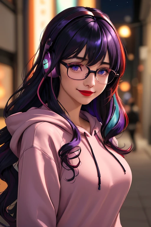 (best quality, masterpiece, perfect face, beautiful and aesthetic:1.2, colorful, dynamic angle, highest detailed face), 20 years old girl, medium, flirting on camera, 35mm, bokeh, 9:16, neon city, colorful lights, (intricate details, hyperdetailed:1.15), (high contrast, official art, extreme detailed, highest detailed), perfect face, female, gamer girl, aqua eyes, wearing red lipstick, light smile, medium black wavy hair, wavy hair with purple highlights, wearing headphones, nerdy glasses, with black frames, bangs, she is wearing an over sized hoodie, the hoodie is wine-red colored, big breasts, nighttime, alley way, 3/4 body view