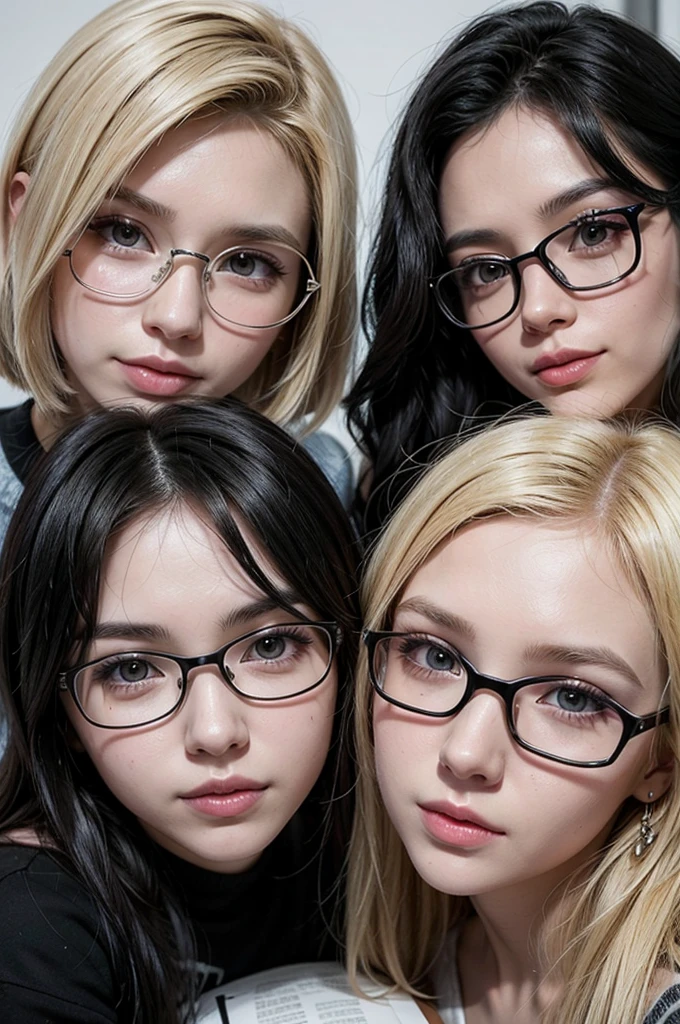 Draw a picture of two friends, one with black hair and glasses and the other blonde without glasses.