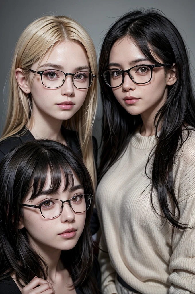 Draw a picture of two friends, one with black hair and glasses and the other blonde without glasses.