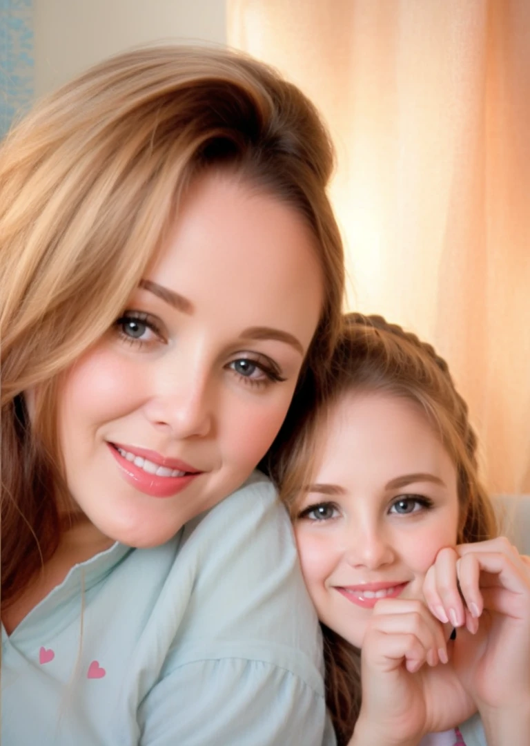 Mother and daughter , daughter shows heart with hands